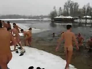 Skinny Dipping Men In Winter Lake